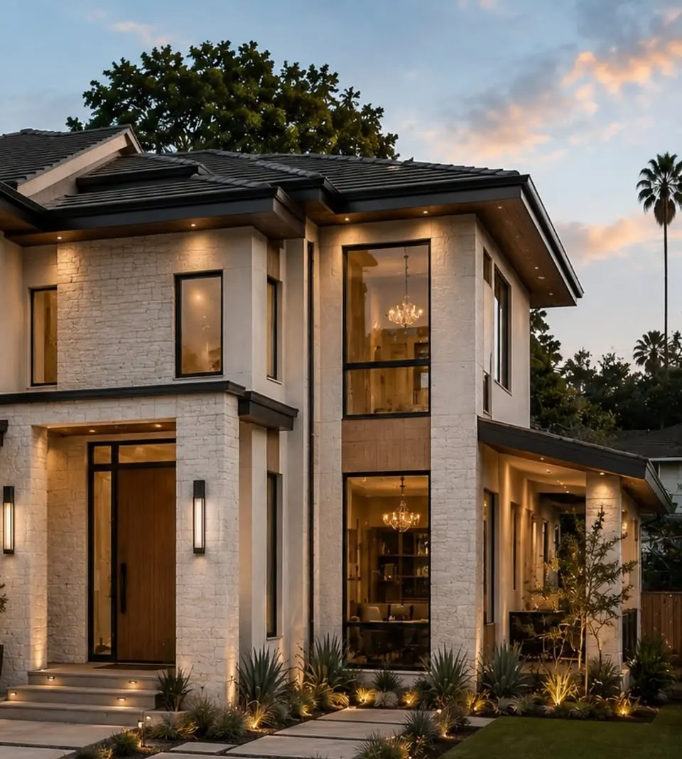 Completed contemporary two-story residence with warm exterior lighting at dusk