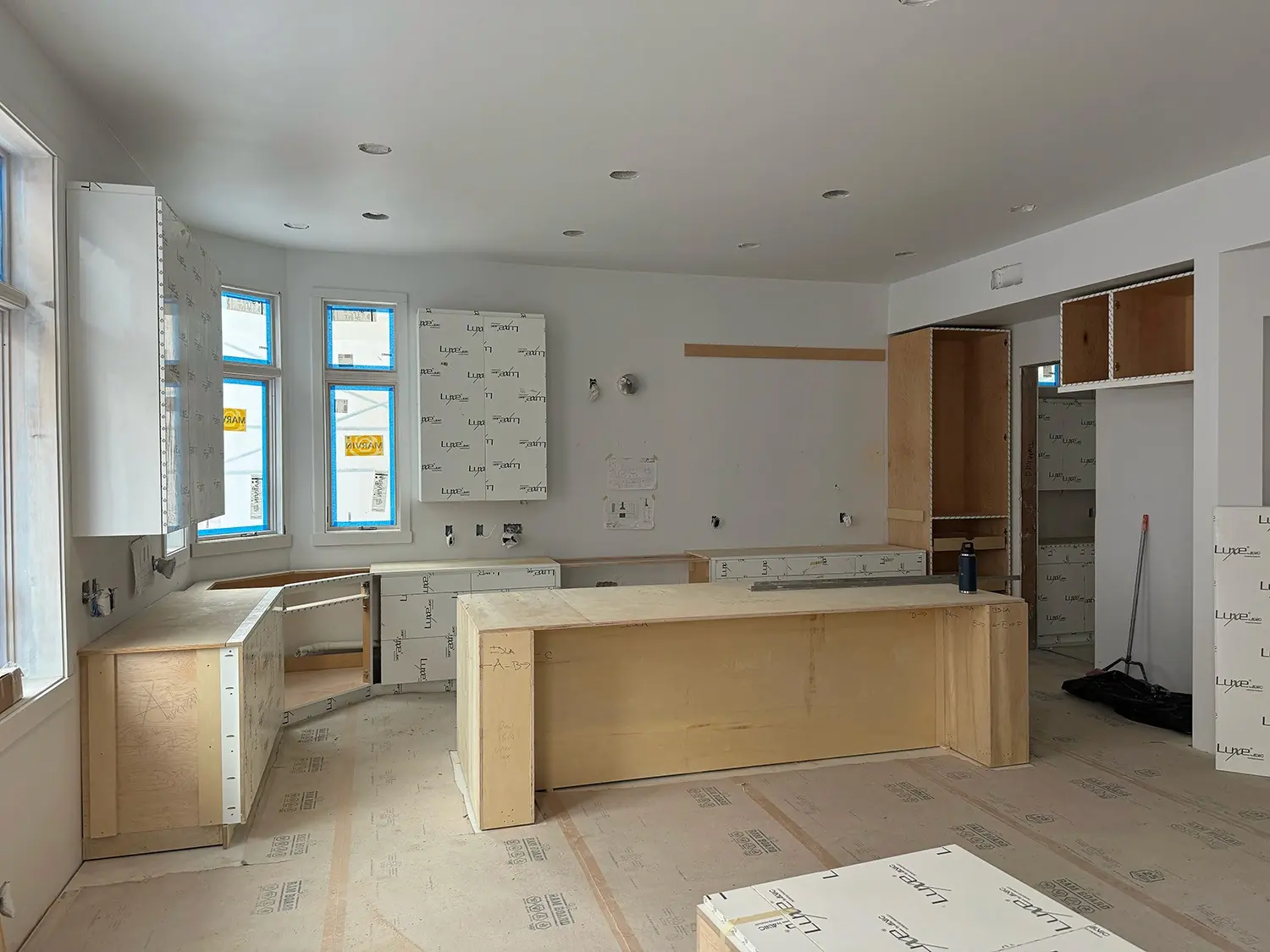 Kitchen cabinetry and island under construction in Marina del Rey