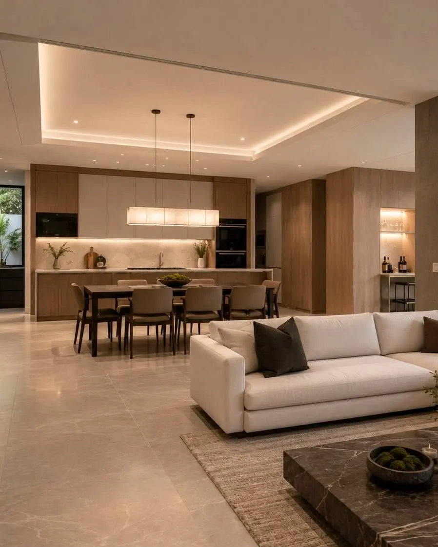 Open kitchen, dining and living room with a coffered ceiling