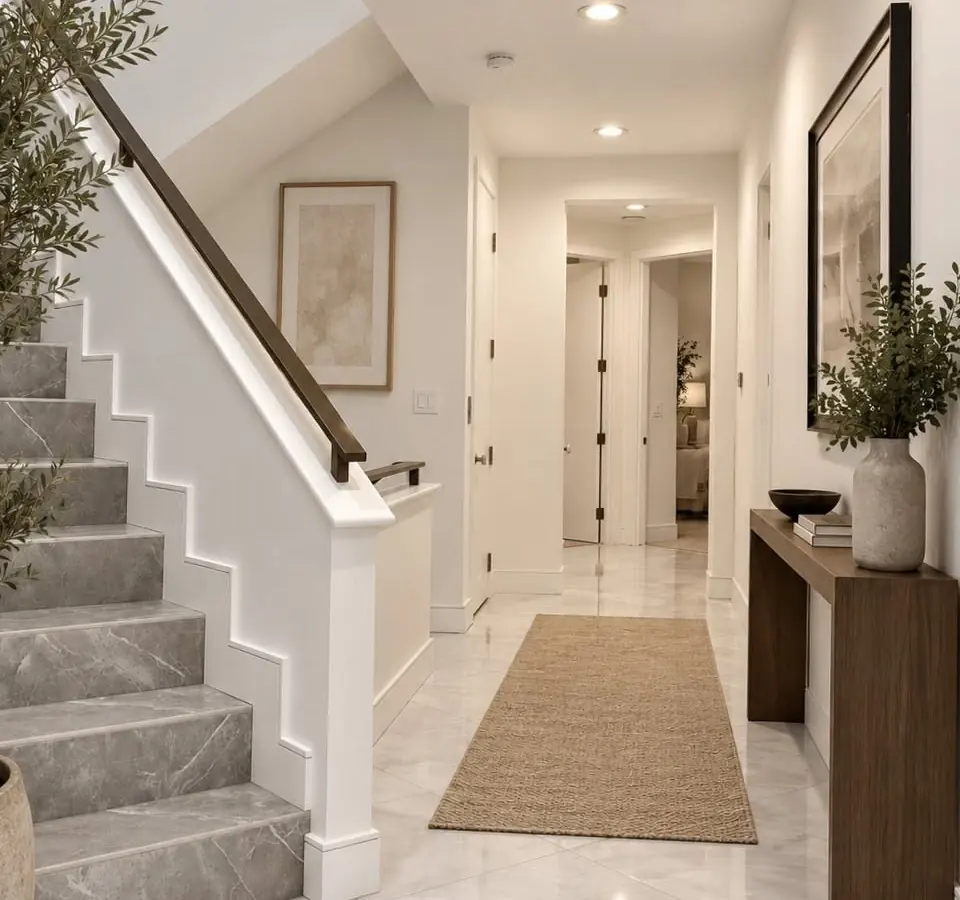 Finished stair hall with stone steps and a clean-lined dark handrail