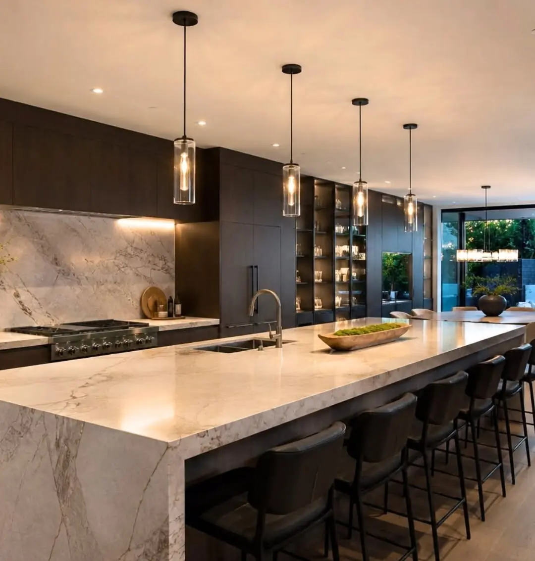 Kitchen with a long stone waterfall island and pendant lights